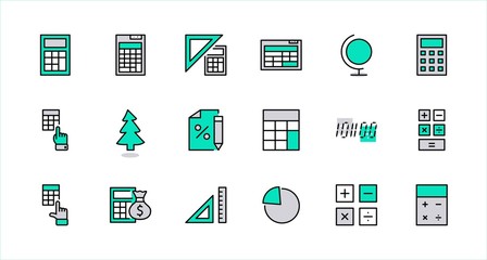 Set of Calculation Vector Line Icons. Contains such Icons as Calculator Icon, Pencil, Click, Money Bag, Percent symbol, Square and Ruler. Editable Stroke. 32x32 Pixel Perfect.