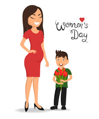 Hello spring, happy mother's day, pregnant woman with flowers, child with red tulips vector illustration