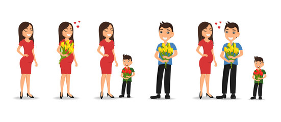 Hello spring, happy mother's day, pregnant woman with flowers, man with yellow tulips set vector illustration