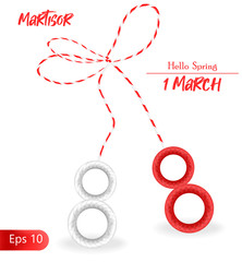 Hello spring, 1 march martisor red and white spring symbol realistic vector illustration