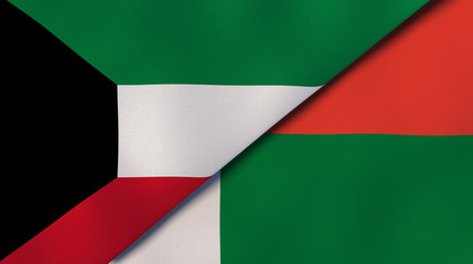 The flags of Kuwait and Madagascar. News, reportage, business background. 3d illustration