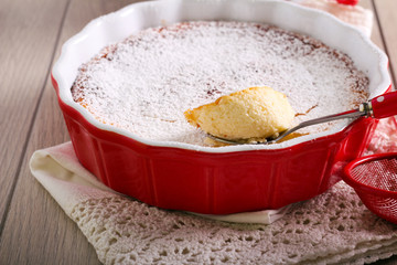 Sweet souffle with icing sugar