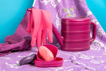 Accessories for washing, cleaning and disinfection. Still life concept.