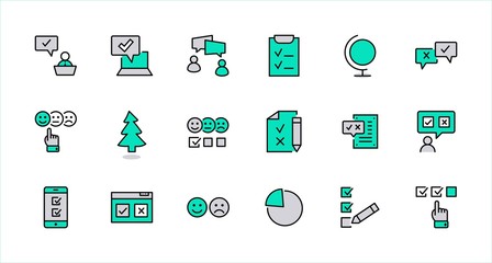 Set of Survey Related Vector Line Icons. Contains such Icons as Smile, Sad, Review, Click, Check, Customer Opinion, Web Survey and more. Editable Stroke. 32x32 Pixel Perfect
