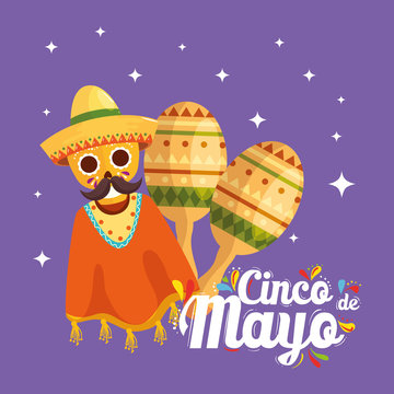 Mexican skull with poncho and maracas design, Cinco de mayo mexico culture tourism landmark latin and party theme Vector illustration