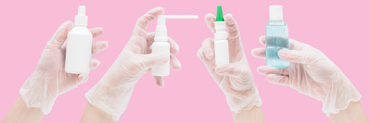 Hands in protective gloves and lots of antiseptics and sprays on a pink background. Concept of protection against viruses in the pandemic of coronavirus, influenza and covid-19. Banner, site title