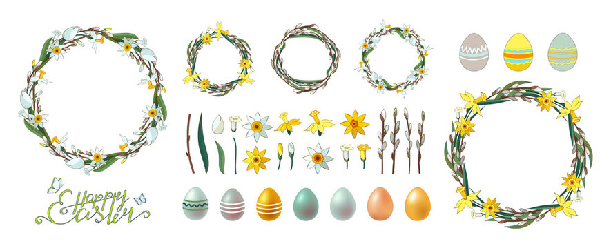 Set of hand drawn floral vector elements, decorated painted eggs isolated on white. Happy Easter. Clip art for your design. Lettering. Spring frame. Wreath of willow branches and daffodils.