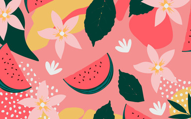 Colorful flowers and leaves poster background vector illustration. Exotic plants, branches, flowers, leaves and watermelon art print for fashion and natural products, spa, wellness, weddings, events