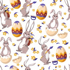 Eater bunny painting egg, rabbit with paintbrush seamless pattern