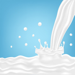 Vector realistic in 3d illustration. Splashing milk  wave on blue background vector illustration for poster, brochure, label and desing element for advertising.Food concept