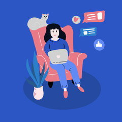 Vector illustration of a freelancer girl who works from home sitting in a pink armchair with a cat. Illustration about the use of social networks.