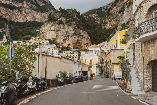 Typical narrow street and colorful houses in city of Positano, Amalfi coast