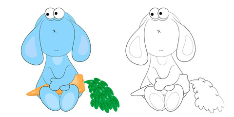 cute cartoon character rabbit with carrots. coloring book outline. vector illustration.