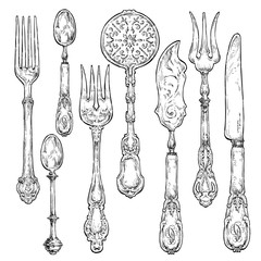 Hand drawn vintage silverware cutlery. Fork, knife and spoon ornate. Set 2