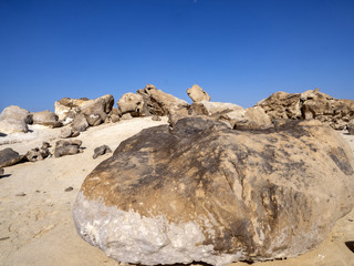 Bizarre boulder formation in Rok Garden reserve in the desert, Oman