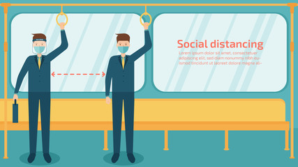 people in suit wear mask and face shield stand in electric train , social distancing. Illustration about protection covid-19 and corona virus.