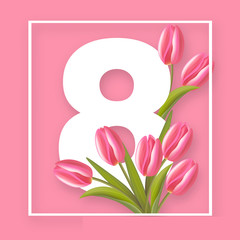 Hello spring, happy womens day, pink tulips realistic vector illustration
