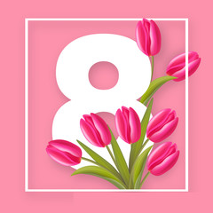 Hello spring, happy womens day, pink tulips realistic vector illustration
