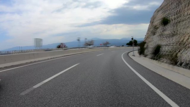 Sakar Pass, Mugla, Turkey - March 2020: Car driving view of Sakar Pass in Mugla, Turkey