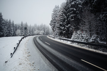 Verschneite Nadelwald Landschaft neben einer Strasse im Winter