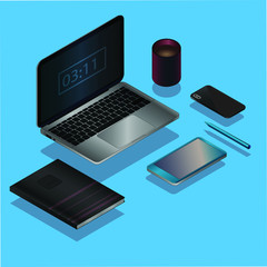 art workspace with phone, notebook, planner and coffee