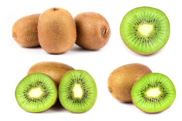 Fototapeta premium Collection of whole and cut kiwi fruit isolated on white background