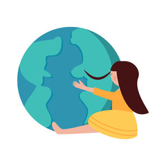 Earth day vector illustration isolated on white background. Girl hugs the planet. Caring and preserving the planet. Flat style. For posters and flyers.