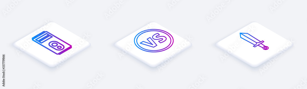 Poster set isometric line computer, vs versus battle and sword for game. white square button. vector