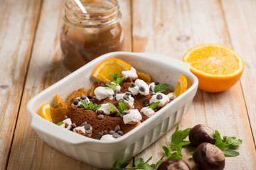 crepes with chestnuts marmalade whipped Cream and cocoa