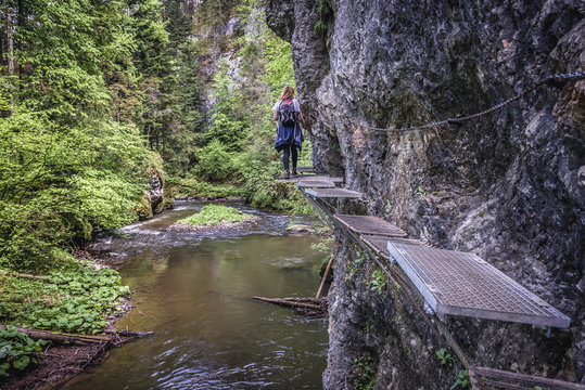 Tourist on a Hornad River trail in Slovak Paradise park located in Ore Mountains, Slovakia