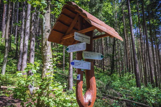 Signs on Hornad Gorge tourist trail in Slovak Paradise park located in Ore Mountains, Slovakia