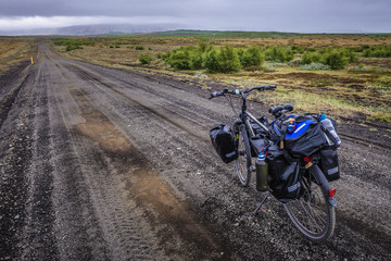 Keldur, Iceland - June 8, 2018: Bicycle on a gravel road 264 near famous Keldur farm