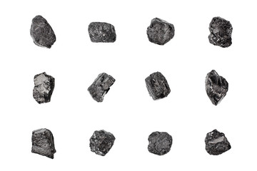 Black coal stones set on white background isolated close up, natural charcoal pieces collection,...