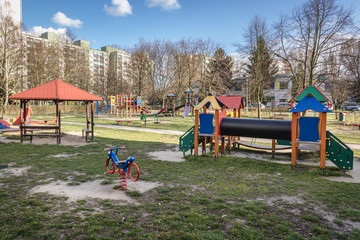 Empty playground in Bielany of Warsaw, Poland after government closed many public speaces to limit spread of Coronavirus