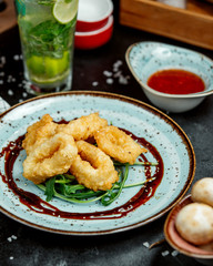 crispy fried calamari rings garnished with arugula and teriyaki sauce