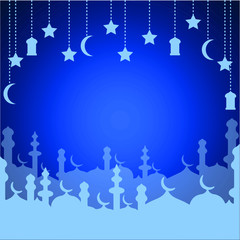 Fototapeta na wymiar Blue night sky Muslim mosque moon star arabian chandelier frame border silhouette vector illustration of Eid al-Fitr Idul Fitri Ramadan Celebration Day greetings