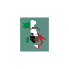 Illustration of man with protection mask and Italian map and flag symbol background.