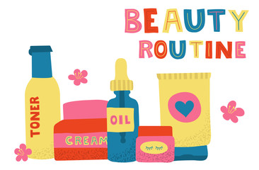 Home beauty routine essensials set. Vector hand drawn illustration and lettering. Cream, face oil, toner, serum, eye gel. Skin care products for SPA, beauty concept.