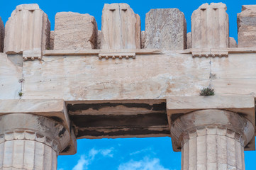 Particular of doric columns and marbles of the Parthenon in the Acropolis, Athens, Greece. Concept: classical culture, famous monuments, ancient history, cultural travel, visiting unesco heritage