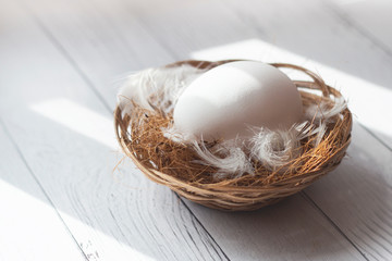 chicken egg in a straw basket