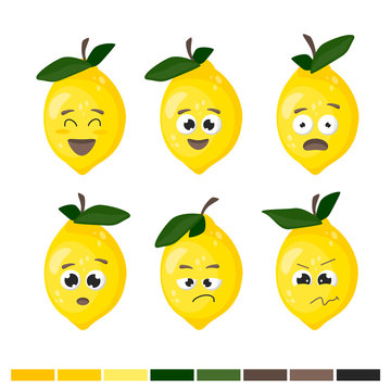 Cute yellow sour lemons. Emotions, cartoon face, juicy citrus, delicious. Great for postcards, stickers, fabric and textile. White isolated background. Vector illustration.