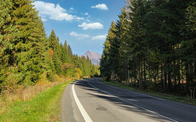 Fototapeta premium Country asphalt road, coniferous trees on both sides, mount Krivan peak (Slovak symbol) with blue sky above, in distance