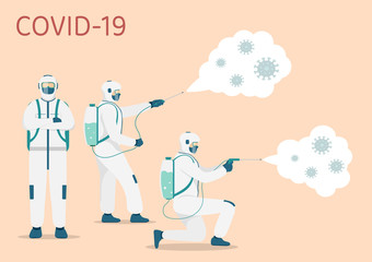 Doctors in personal protective equipment.Spray cleaning and disinfect coronavirus disease Covid-19. Illustration about preventive measures coronavirus disease Covid-19 