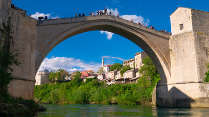 Fototapeta premium Panorama of The Old town of Mostar and Stari most Bridge, Bosnia and Herzegovina, April 2019.