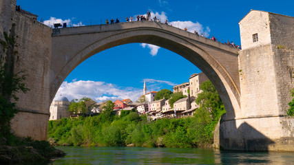 Fototapeta na wymiar Panorama of The Old town of Mostar and Stari most Bridge, Bosnia and Herzegovina, April 2019.
