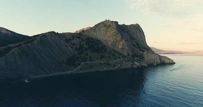 Aerial 4k view of nature landmark moutains and sunset, Black Sea, New Light, Sudak, Crimea, 4k