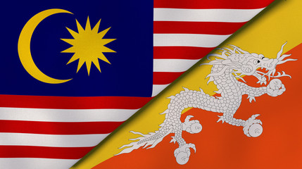 The flags of Malaysia and Bhutan. News, reportage, business background. 3d illustration