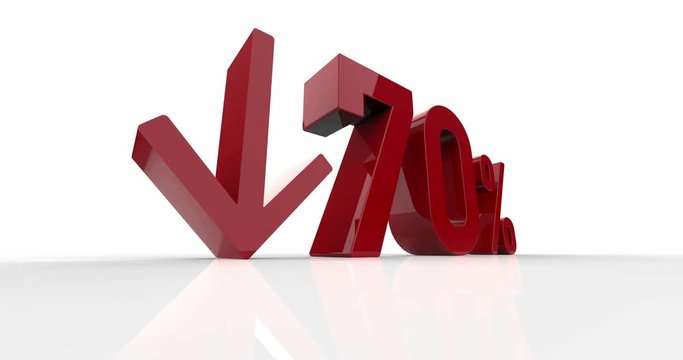 Down Recession Arrow and Sixty 70 Percent Sign, Economic Crisis, Financial Crash, Red 70% Percent Discount 3d Sign on White Background, Special Offer 70% Discount Tag, Sale Up to 70 Percent Off, Seven