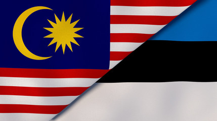 The flags of Malaysia and Estonia. News, reportage, business background. 3d illustration