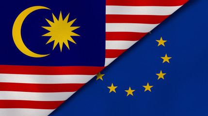 The flags of Malaysia and European Union. News, reportage, business background. 3d illustration